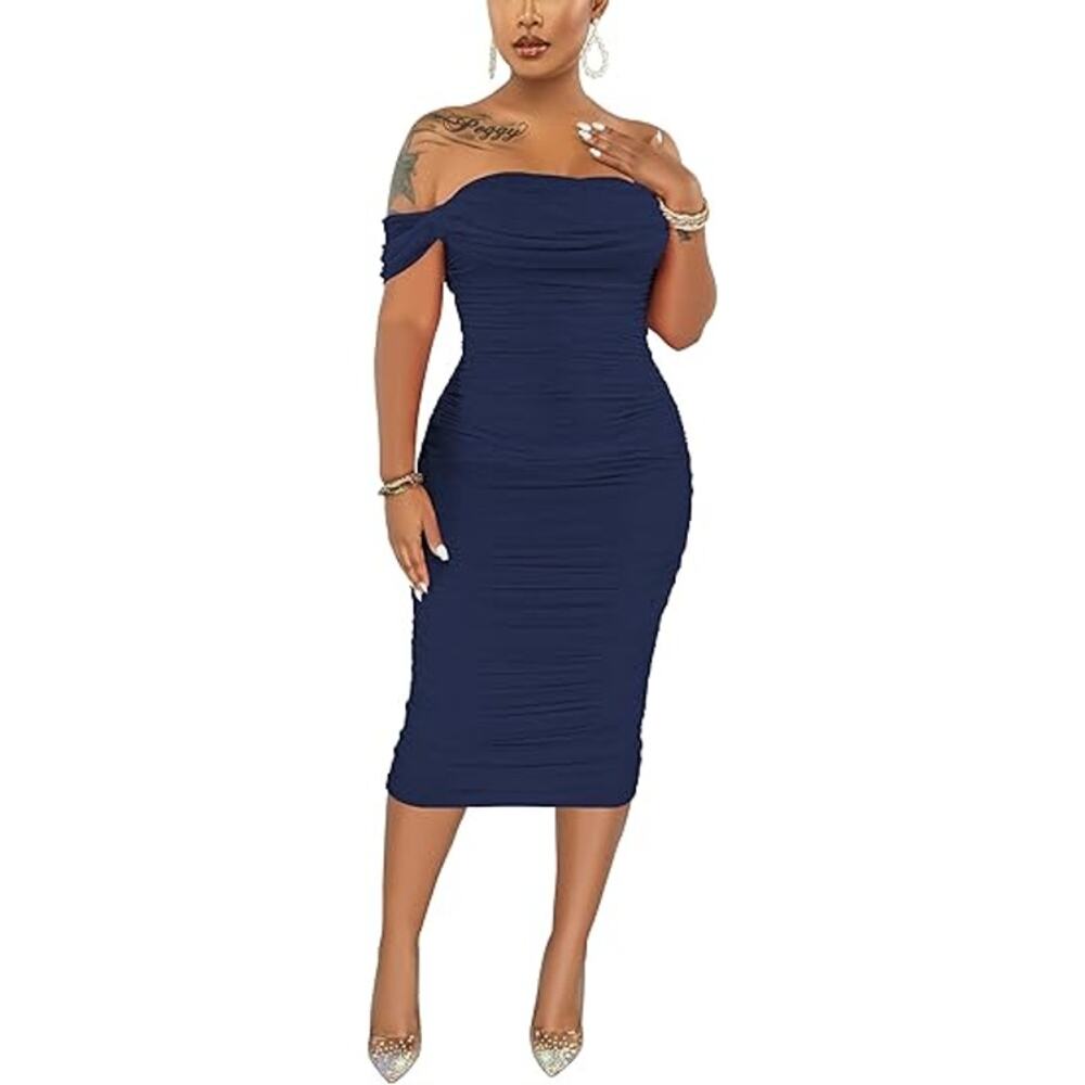 Off Shoulder Sleeveless Ruched Midi Elegant Cocktail Dress-Navy-XXL- NEW-NN